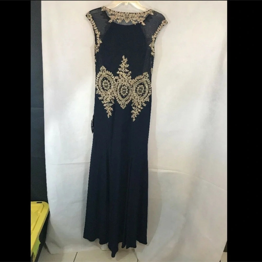 NEW‎ XSCAPE Embellished Jersey Gown in Navy/Gold [SZ 4 ]